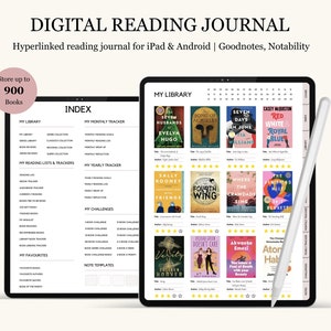 May include: Digital reading journal for iPad and Android. Features a library index, monthly and yearly trackers, and book challenges. The journal can store up to 900 books. Includes a stylus and a display of book covers.
