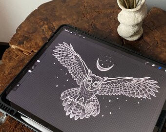 May include: A digital drawing of a white owl with spread wings flying against a black background with white stars and a crescent moon. The drawing is on a digital tablet with a stylus.
