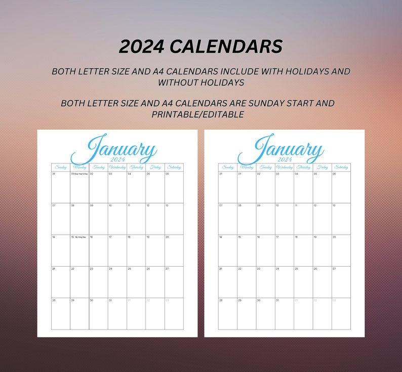 2024 Pintable Editable Calendar Bundle, Editable Perpetual Calendars
