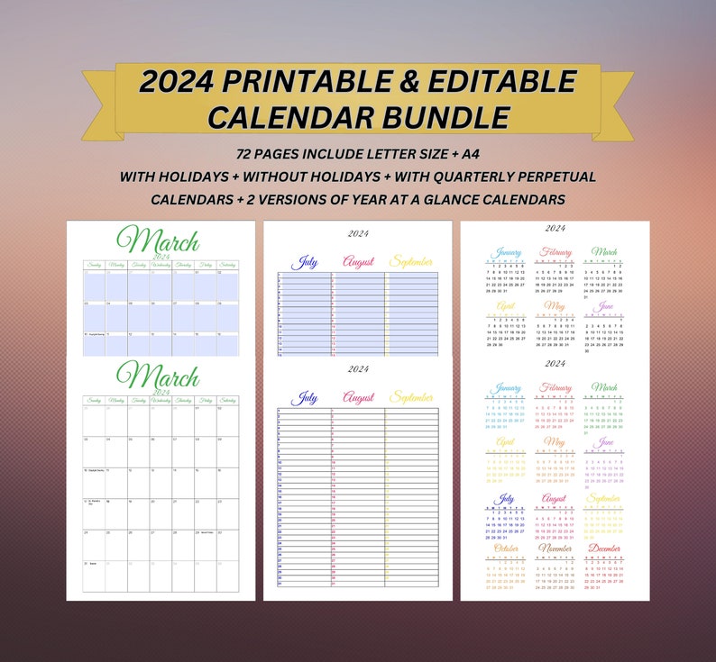 2024 Pintable Editable Calendar Bundle, Editable Perpetual Calendars