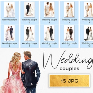 Set von 15 Braut und Bräutigam Zurück Clipart, Just Married Clipart, Hochzeitstag Clipart Ehe Clipart Braut und Bräutigam, Verlobte, digitale Clipart