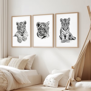 Conjunto de 3 carteles de dibujo de tinta de lápiz de tigre bebé - Impresiones minimalistas de bocetos de animales - Fondo blanco, arte en bruto - Decoración de la pared de la guardería