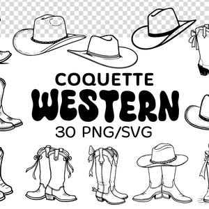 Cowboy Western Coquette SVG PNG bundle Bogen Coquette Boots Stil Vektor Clipart Western-Stil SET 30 png Western svg