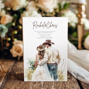 Modèle de carte d'invitation de mariage de style occidental, faire-part de couple de cow-boys Canva, téléchargement immédiat, mariage minimaliste, texte modifiable sur Canva