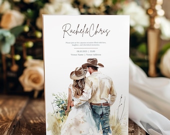 Puede incluir: Una invitación de boda con una ilustración de acuarela de una pareja con sombreros de vaquero de pie en un campo. El texto dice "Rachel & Chris" e incluye la fecha y la hora de la boda.