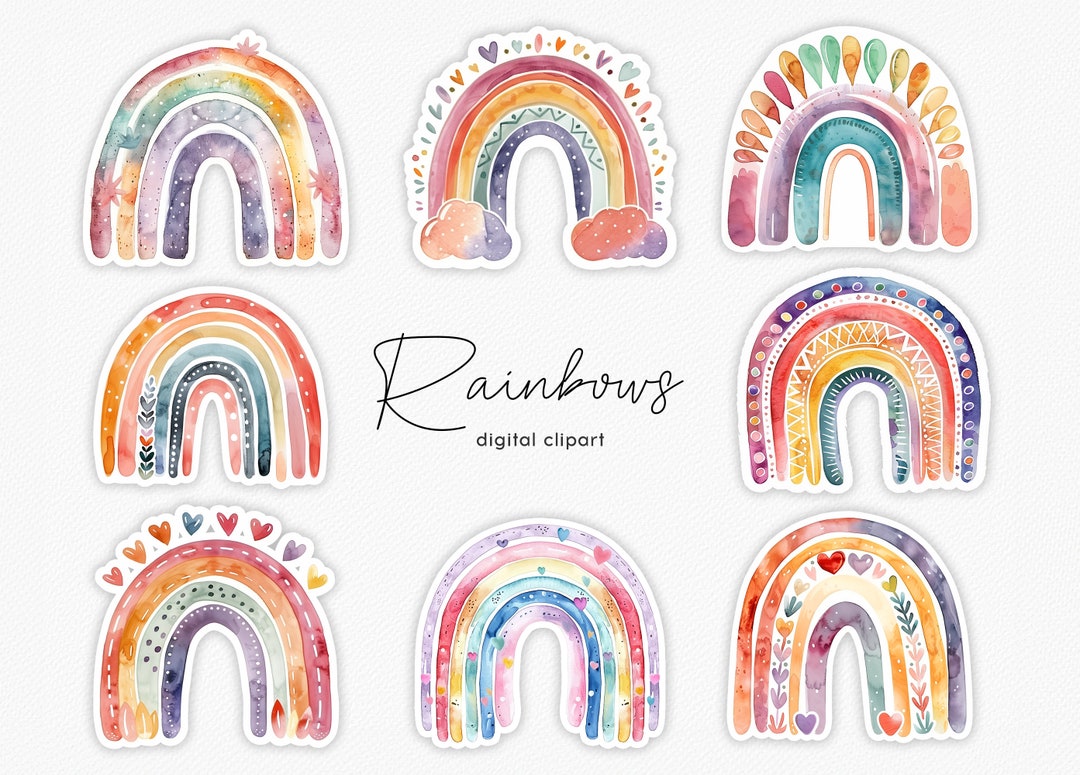 Watercolor Rainbow Clipart Stickers | Boho Nursery Art (digital ...