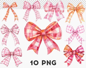 Watercolor Checkered Bows PNG, Girly T-Shirt Design (Digital Download)