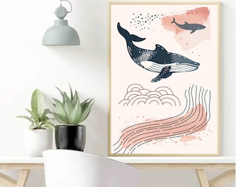 Whales Set of 3 Print, Terracotta Prints, Whale Wall Art, Art Boho Printable Art, Whale Ocean Poster Wall Decor Wildlife  - DIGITAL DOWNLOAD