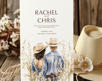 Op de afbeelding: Een huwelijksuitnodiging met een aquarelillustratie van een stel in cowboyhoeden dat in een veld met hoog gras staat. De uitnodiging luidt "Rachel en Chris" en bevat de datum en tijd van de bruiloft.