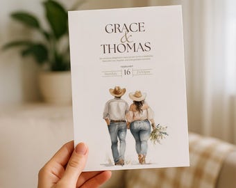 Op de afbeelding: Een huwelijksuitnodiging met een aquarelillustratie van een stel in cowboyhoeden dat van de kijker afloopt. De uitnodiging luidt "Grace & Thomas" en bevat de datum "16 februari" en de tijd "14:00 uur".