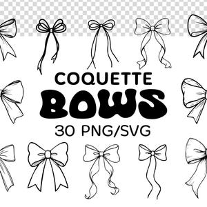 Könnte beinhalten: Ein Set mit 30 Schwarzweiß-Illustrationen von Schleifen in verschiedenen Stilen. Die Illustrationen sind mit "Coquette Bows 30 PNG/SVG" beschriftet.