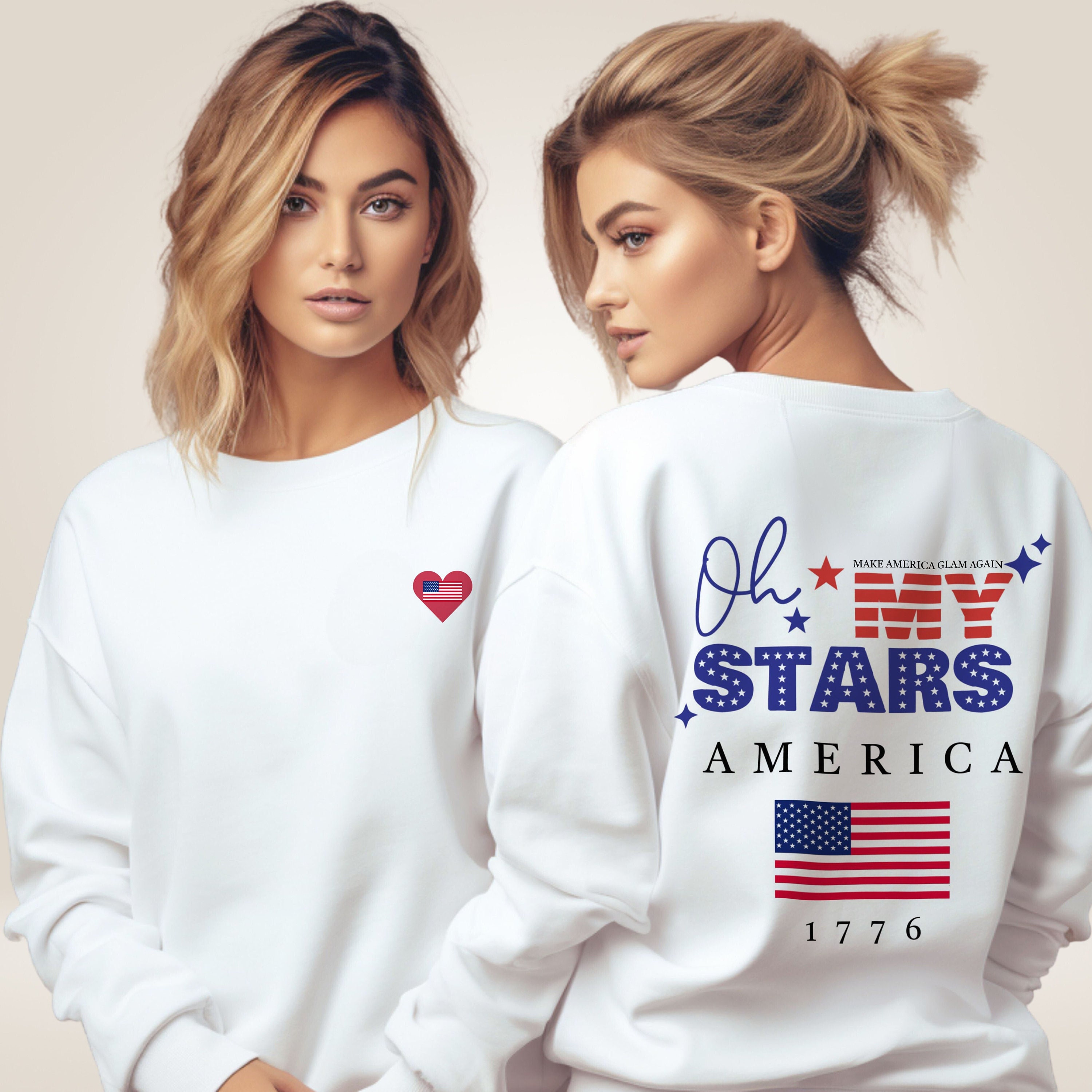 PATRIOTIC STARS FLAG Womens Sweatshirt American Flag Back Printed Sweatshirt Patriotic Heart Logo Long Sleeve Shirt American Gift for Her