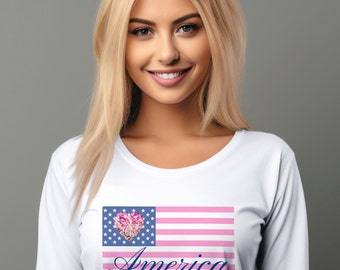 アメリカ国旗シャツ アメリカ国旗長袖シャツ ピンクブルーシャツ 愛国心シャツ パステルフラッグシャツ ハート長袖シャツ 彼女へのギフト