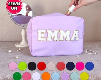 Sewn XL Cosmetic Bag Custom Makeup Bag Personalized Nylon Pouch Chenille Patches X-Large Travel Case Large Toiletry spf Bag Bridesmaid Gift
