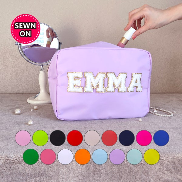 Sewn XL Cosmetic Bag Custom Makeup Bag Personalized Nylon Pouch Chenille Patches X-Large Travel Case Large Toiletry spf Bag Bridesmaid Gift