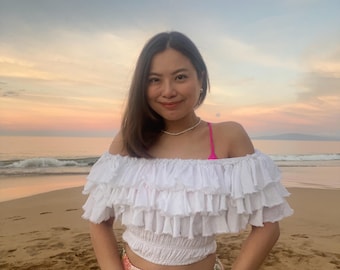 White Cotton Off Shoulder Crop Top: Boho Ruffle Blouse