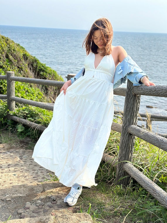 Backless Italian Silk Maxi Dress: White Beach Sundress