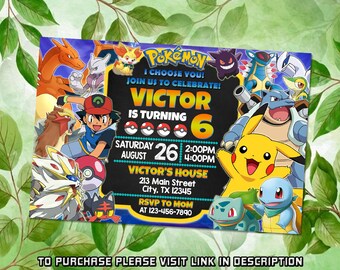 Personalize Pokemon Birthday invitation, Pokemone birthday invitation, Pikachu birthday invitation