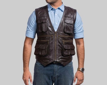Brown Leather Vest | Jurassic World Chris Pratt Vest | Mens Biker Leather Vest | Real Leather Vest for Men | Motorcycle Leather Vest |