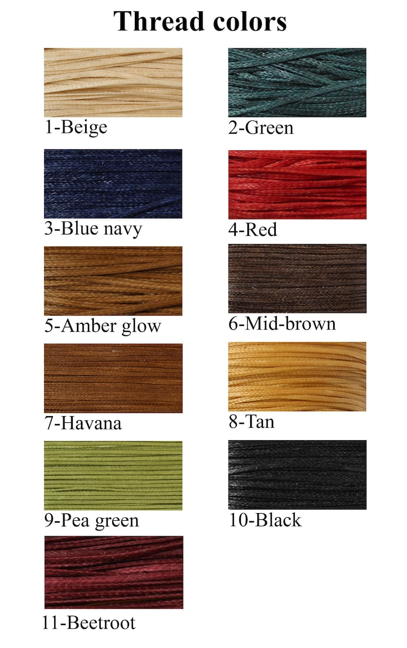 May include: A chart showing 11 different colors of thread. The colors are beige, green, blue navy, red, amber glow, mid-brown, Havana, tan, pea green, black, and beetroot.