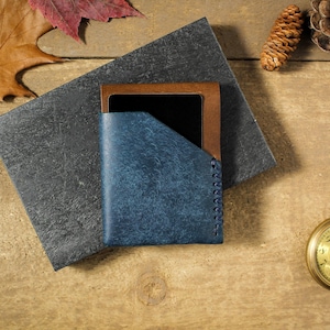 May include: A blue leather wallet with a brown leather trim and a stitched edge. The wallet is closed and sitting on a wooden surface.