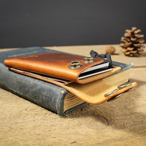 May include: A brown leather wallet with a snap closure and metal accents sits on top of a blue book. The wallet is open and has a black card holder inside.