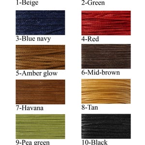 May include: A chart showing 11 different colors of thread. The colors are beige, green, blue navy, red, amber glow, mid-brown, Havana, tan, pea green, black, and beetroot.