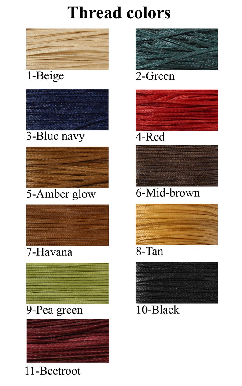 May include: A chart showing 11 different colors of thread. The colors are beige, green, blue navy, red, amber glow, mid-brown, Havana, tan, pea green, black, and beetroot.