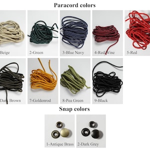 May include: Nine different colors of paracord, including beige, green, blue navy, red wine, red, dark brown, goldenrod, pea green, and black. Two snap colors are shown: antique brass and dark grey.