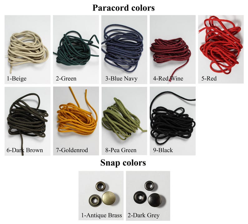 May include: Nine different colors of paracord, including beige, green, blue navy, red wine, red, dark brown, goldenrod, pea green, and black. Two snap colors are shown: antique brass and dark grey.