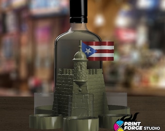 May include: A clear liquor bottle with a black cap, featuring a green fortress design and a Puerto Rican flag. Two clear shot glasses are in front of the bottle. The Print Forge Studio logo is in the bottom right corner.