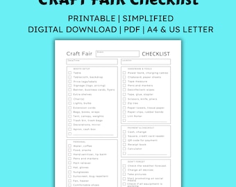 May include: A printable craft fair checklist in black text on a white background. The checklist includes sections for booth setup, hardware, tools, personal items, payment, checkout, and reminders. The checklist is available as a digital download in PDF format, A4, and US Letter sizes.