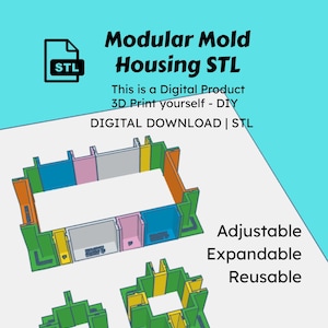 Puede incluir: Imagen de un modelo 3D de una carcasa de molde modular. El diseño multicolor muestra el texto "Modular Mold Housing STL" y las palabras "Adjustable, Expandable, Reusable".