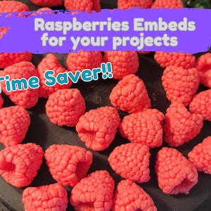 May include: A collection of bright red raspberry embeds, perfect for crafting projects. The image features multiple raspberry-shaped embeds with a textured surface. Text on the image reads "Raspberries Embeds for your projects" and "Time Saver!!"