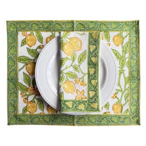 The Lemon Napkins – Hand Block Printed Cotton Napkins for a Citrus-Inspired Table (Set of 4)