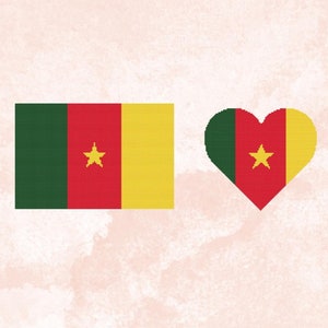 Puede incluir: Una bandera de Camerún roja, amarilla y verde con una estrella amarilla en el centro. Una versión en forma de corazón de la bandera está al lado.
