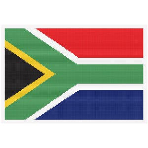 Puede incluir: Bandera rectangular de Sudáfrica, con un diseño que presenta colores rojo, blanco, verde, azul, negro y amarillo. La bandera tiene una banda horizontal verde central, con un triángulo negro y borde amarillo en el lado izquierdo.