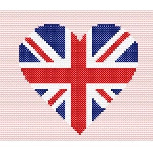 Puede incluir: Un diseño en forma de corazón con la bandera de la Union Jack en rojo, blanco y azul. La bandera está sobre un fondo rosa.