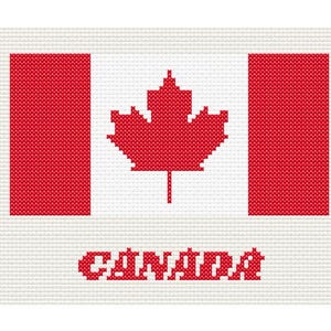 Puede incluir: Un diseño de punto de cruz de la bandera canadiense, con una hoja de arce roja en el centro y dos barras verticales rojas a cada lado. La palabra "CANADA" está cosida en rojo en la parte inferior, todo sobre un fondo blanco.