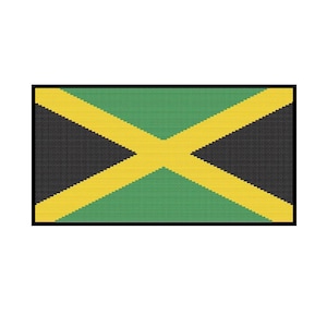 Puede incluir: Una bandera de Jamaica tejida con un diseño negro, amarillo y verde. La bandera es rectangular y tiene un borde negro.