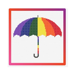 Puede incluir: Un paraguas de colores arcoíris sobre un fondo blanco. El paraguas está rodeado por un borde rojo.