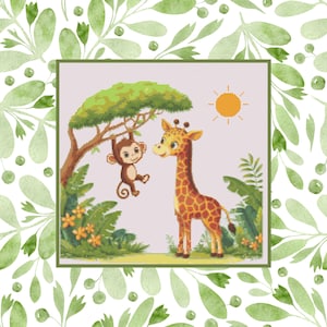 May include: A cartoon giraffe and monkey in a jungle setting. The giraffe is brown with orange spots and the monkey is brown with a yellow face. The sun is shining in the sky.