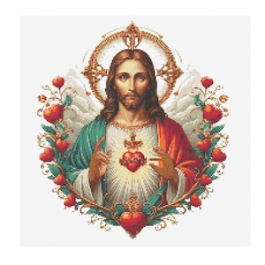 Puede incluir: Ilustración digital de Jesucristo, representado con cabello castaño largo y barba, vistiendo una túnica turquesa y roja. Un corazón brillante está en su pecho, rodeado por una corona de corazones rojos y hojas verdes. Un halo dorado y una cruz están detrás de él.