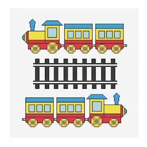 Puede incluir: Un patrón de punto de cruz que muestra dos trenes y una vía férrea. Cada tren consta de una locomotora amarilla con techo azul y base roja, seguida de dos vagones amarillos y rojos. Las vías son negras y están dispuestas horizontalmente.