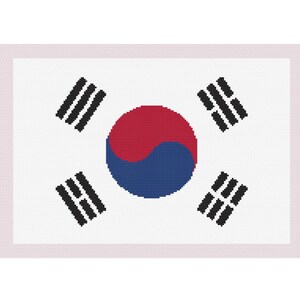 Puede incluir: Una bandera blanca con un círculo rojo y azul en el centro y cuatro trigrammes negros en las esquinas. El círculo está dividido en una mitad roja y una mitad azul, con una curva blanca que separa las dos mitades.