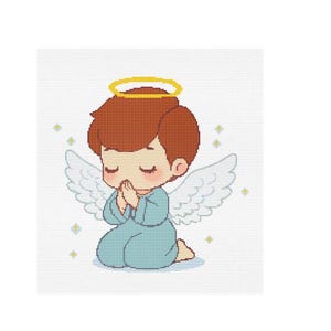 Puede incluir: Un ángel de dibujos animados con cabello castaño, un halo y alas blancas está arrodillado con las manos juntas en oración.