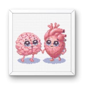 Puede incluir: Un cerebro rosa y un corazón rosa con caras de dibujos animados que se toman de la mano. Tanto el cerebro como el corazón sonríen con ojos grandes.