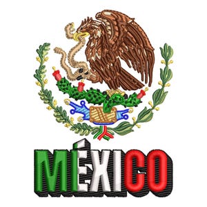 Puede incluir: Emblema bordado del escudo de armas mexicano, con un águila marrón con una serpiente en el pico, posada sobre un cactus. La palabra "MÉXICO" se muestra en verde, blanco y rojo, con un contorno negro.