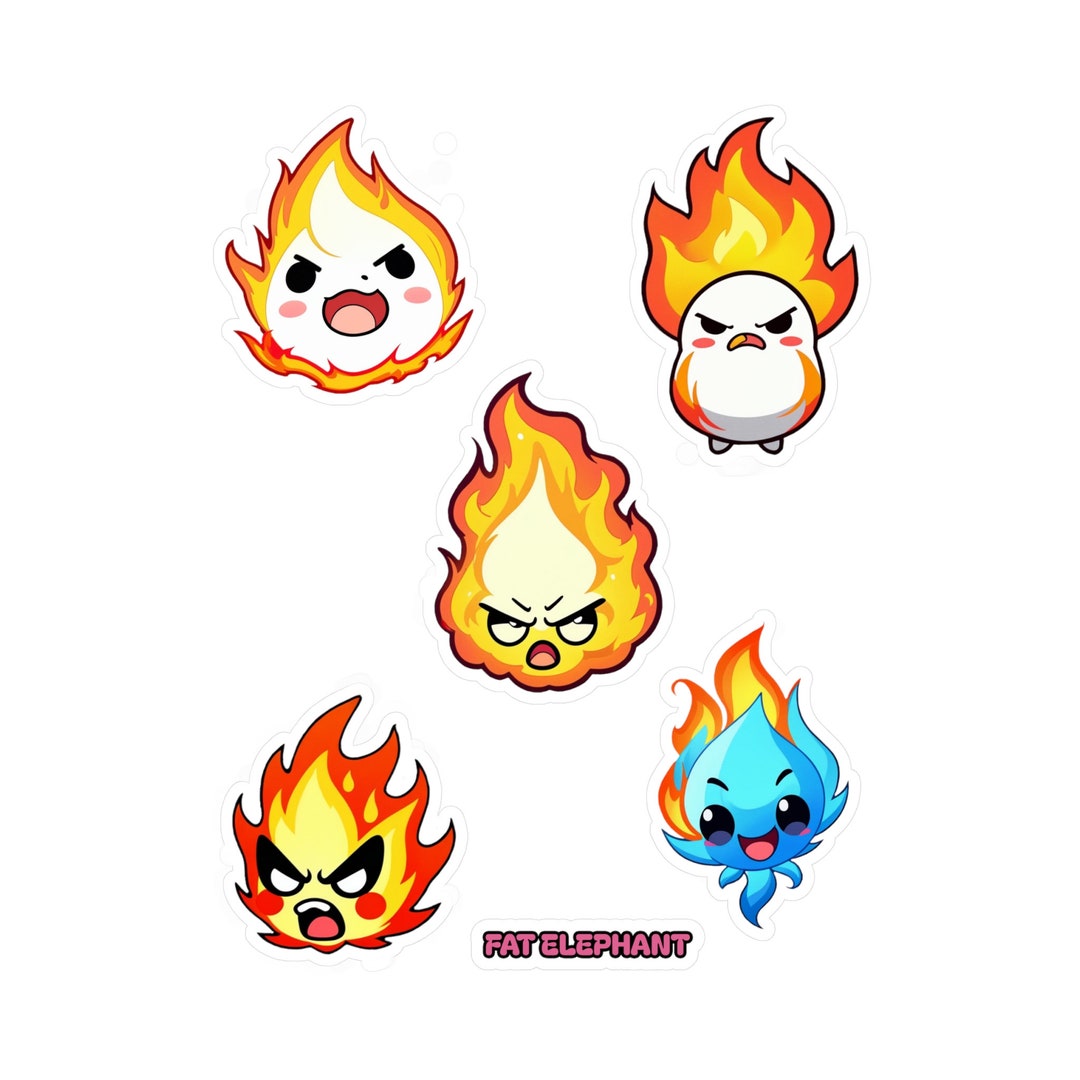 Cute Flame Guy Sticker Sheet - Set of Five Kawaii Vinyl Decals ...