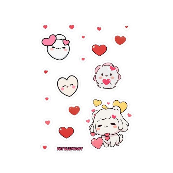 Kawaii Hearts Sticker Sheet - Adorable Valentines Day Vinyl Decals - Chibi Anime Cute - Perfect for Cards, Gifts, Planners, Journals